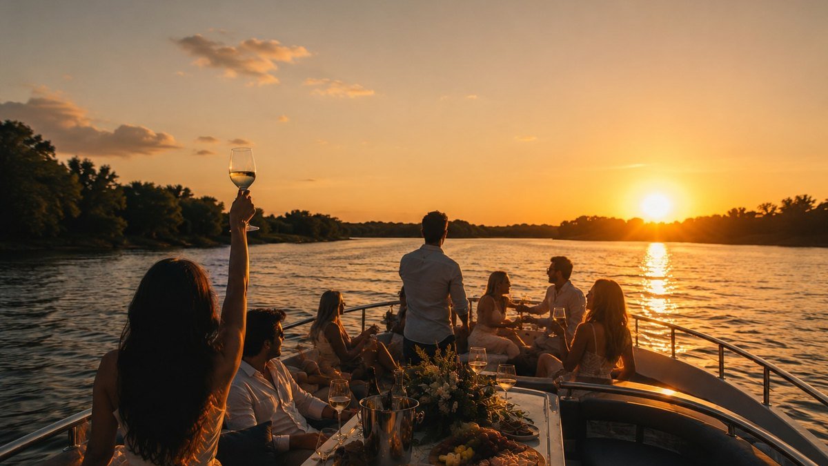 Brindis al atardecer a bordo de un yate en el Delta, del sitio de Franciscana